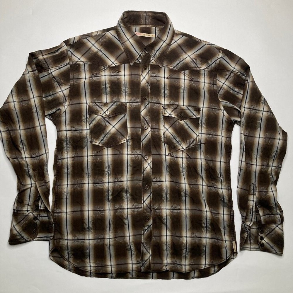 Ted Baker Western Print Chain Stitched Metal Button Up Shirt Mens 5 Large
